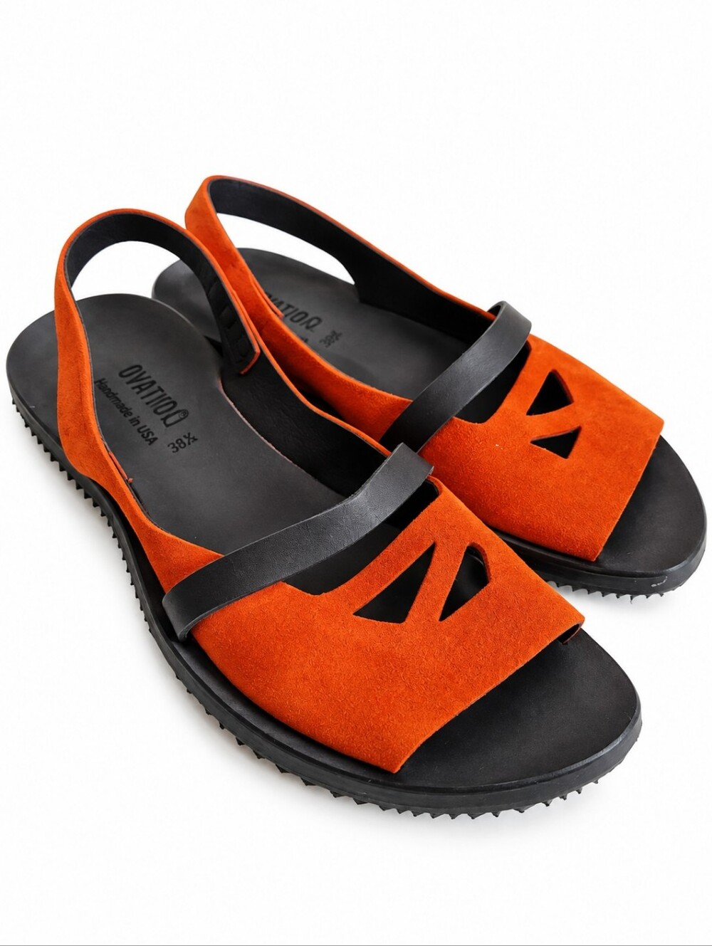 Cydwoq Oak Orange Suede Sandals Black Leather Straps Womens Sz 38.5 Handmade USA